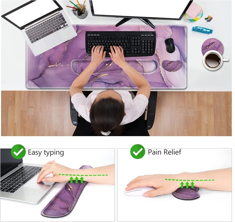 AIMSA Large Gaming Mouse Pad Set, Keyboard Wrist Rest Support Mouse Pad, Ergonomic Memory Foam Multifunctional Extended Desk Mat 35x15.7in Anti-Slip Rubber Base for Office Home, Purple Marble - Image 3